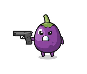the cute eggplant character shoot with a gun