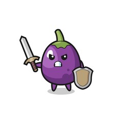 cute eggplant soldier fighting with sword and shield