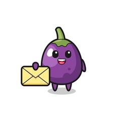 cartoon illustration of eggplant holding a yellow letter