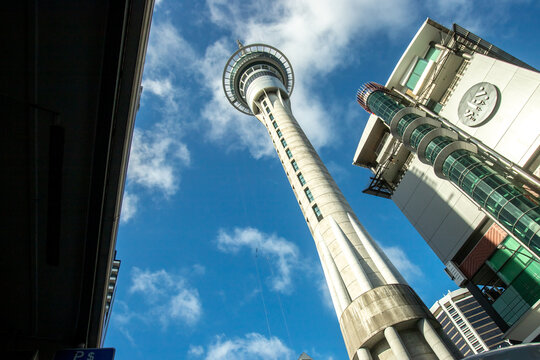 Auckland, New Zealand, 7th of August 2021 - Sky Tower and street view in Auckland CBD