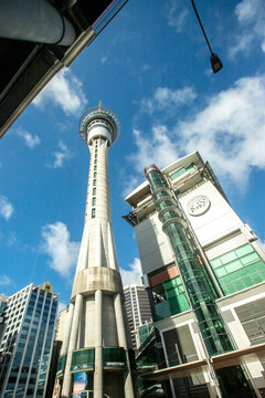 Auckland, New Zealand, 7th of August 2021 - Sky Tower and street view in Auckland CBD