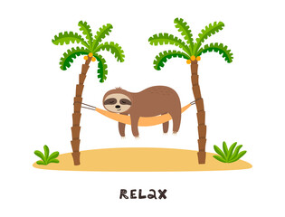 Cartoon sloth is sleeping in hammock under palm trees. Summer time vector illustration.