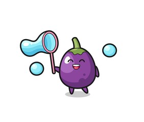 happy eggplant cartoon playing soap bubble