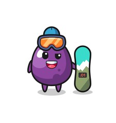 Illustration of eggplant character with snowboarding style