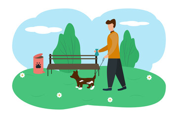 
Dog owners clean up feces after pets outside. Male or female characters using a plastic bag to collect excrement and throw it into the bin are responsible. Linear people vector illustration