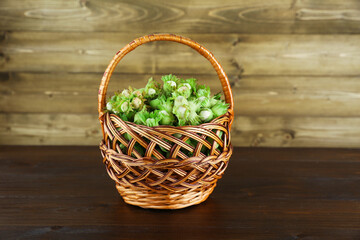 Naklejka na ściany i meble wicker basket of green hazelnuts is on a wooden background.