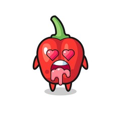 the falling in love expression of a cute red bell pepper with heart shaped eyes