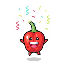 happy red bell pepper mascot jumping for congratulation with colour confetti