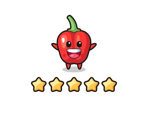 the illustration of customer best rating, red bell pepper cute character with 5 stars