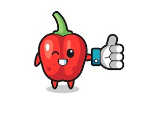 cute red bell pepper with social media thumbs up symbol