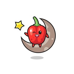illustration of red bell pepper cartoon sitting on the half moon