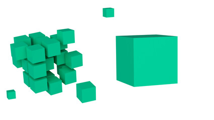Large cube with space for text or a logo against a background of flying turquoise cubes. Isolated on a white background. Abstract geometry. 3D rendering. Blank for design. Layout