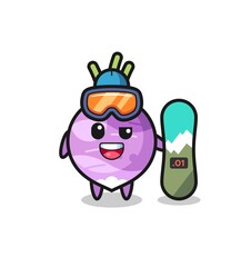 Illustration of turnip character with snowboarding style
