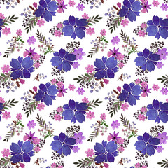 Romantic floral seamless pattern with flowers and leaf. Print for textile wallpaper endless. Hand-drawn watercolor elements. Beauty bouquets. Pink, blue. green. pink on white background.