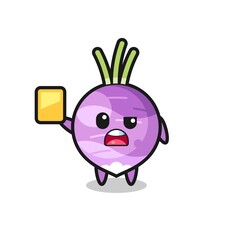 cartoon turnip character as a football referee giving a yellow card