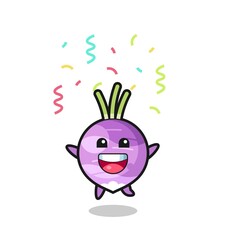 happy turnip mascot jumping for congratulation with colour confetti