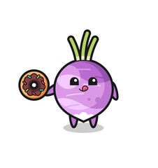 illustration of an turnip character eating a doughnut