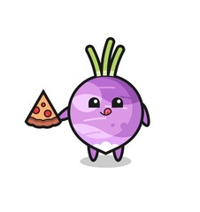 cute turnip cartoon eating pizza