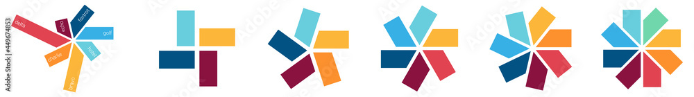 Poster rectangles arranged in circle pattern, partially overlapping - version with four to eight parts, sim