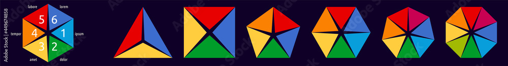 Wall mural polygons divided into triangles with some space left, three to eight parts version, simple infograph