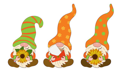 Gnomes with sunflower flowers and a red envelope. Vector illustration