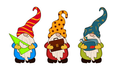 Three gnomes are holding school supplies, a ruler, a briefcase and a pencil case with pencils