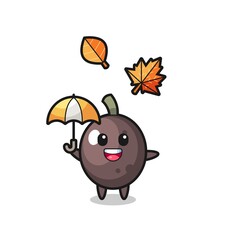 cartoon of the cute black olive holding an umbrella in autumn