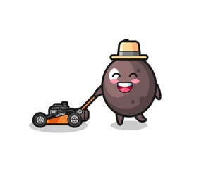 illustration of the black olive character using lawn mower