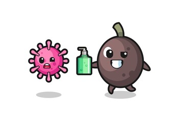 illustration of black olive character chasing evil virus with hand sanitizer