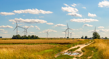 Fototapeta na wymiar Wind power plants on the background of half and blue sky