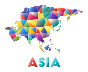 Asia - colorful low poly continent shape. Multicolor geometric triangles. Modern trendy design. Vector illustration.