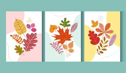 Vector set of autumn leaves backgrounds. Banners, posters, cover design templates, social media stories with fall foliage