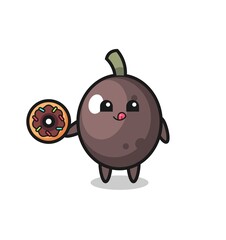 illustration of an black olive character eating a doughnut