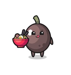 cute black olive character eating noodles