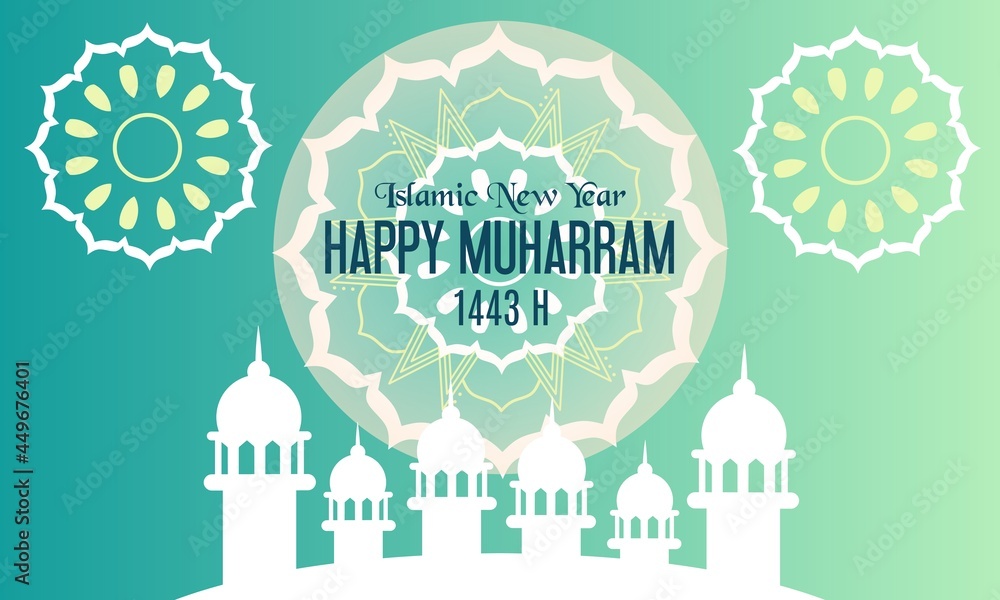 Wall mural Happy Muharram Islamic New Year 1443 Vector Illustration. Graphic design for the decoration of gift certificates, banners, flyer, and greeting card. Translation from Arabic : Happy New Hijri Year