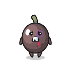 injured black olive character with a bruised face