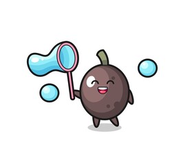 happy black olive cartoon playing soap bubble