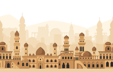 Arabic city traditional mosque buildings silhouettes panorama view. Islamic architecture landscape vector illustration. Traditional arabic mudbrick cityscape