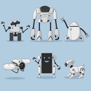 illustration set modern robot cartoon character  winged,wheels style mobile,dog,drone,egg isolated.  With expressions Artificial Intelligence Concept on a blue background