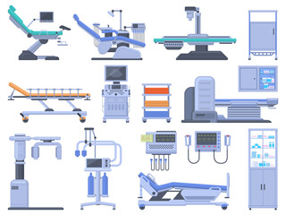 Healthcare hospital clinic medical diagnostic equipment devices set. Medical checkup MRI scanner, dentist chair vector illustration set. Healthcare diagnostics equipment