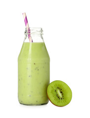 Fototapeta na wymiar Bottle of tasty kiwi smoothie isolated on white