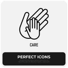 Hand of adult holds child's hand thin line icon. Modern vector illustration, care sign.