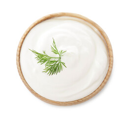 Fototapeta na wymiar Delicious sour cream with dill in bowl on white background, top view
