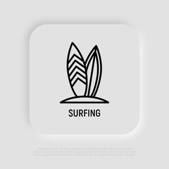 Surfing thin line icon, two surfboards in sand. Modern vector illustration of summer sport.