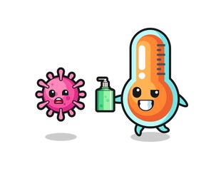 illustration of thermometer character chasing evil virus with hand sanitizer