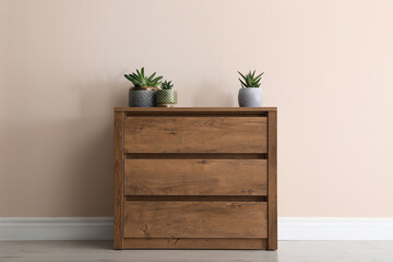 Wooden chest of drawers with houseplants near beige wall