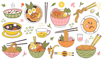 Doodle ramen noodles traditional asian food bowls. Japanese cuisine noodle soup, delicious noodles in meat broth vector illustration. Oriental food ramen bowls