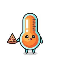 cute thermometer cartoon eating pizza