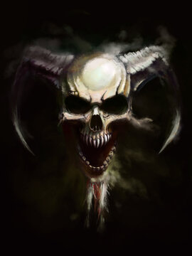 An evil screaming skull with demonic horns and a disheveled beard, smoke around it.
