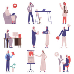 Arabian Saudi islamic office business team people. Muslim man and woman business busy characters work in office vector illustration set. Arab business colleagues